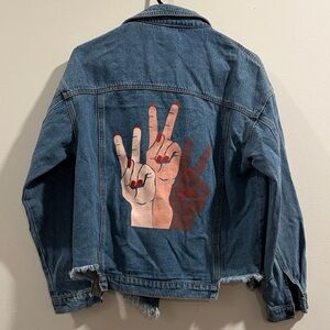 Trendy Blue Denim Jacket with Peace Sign